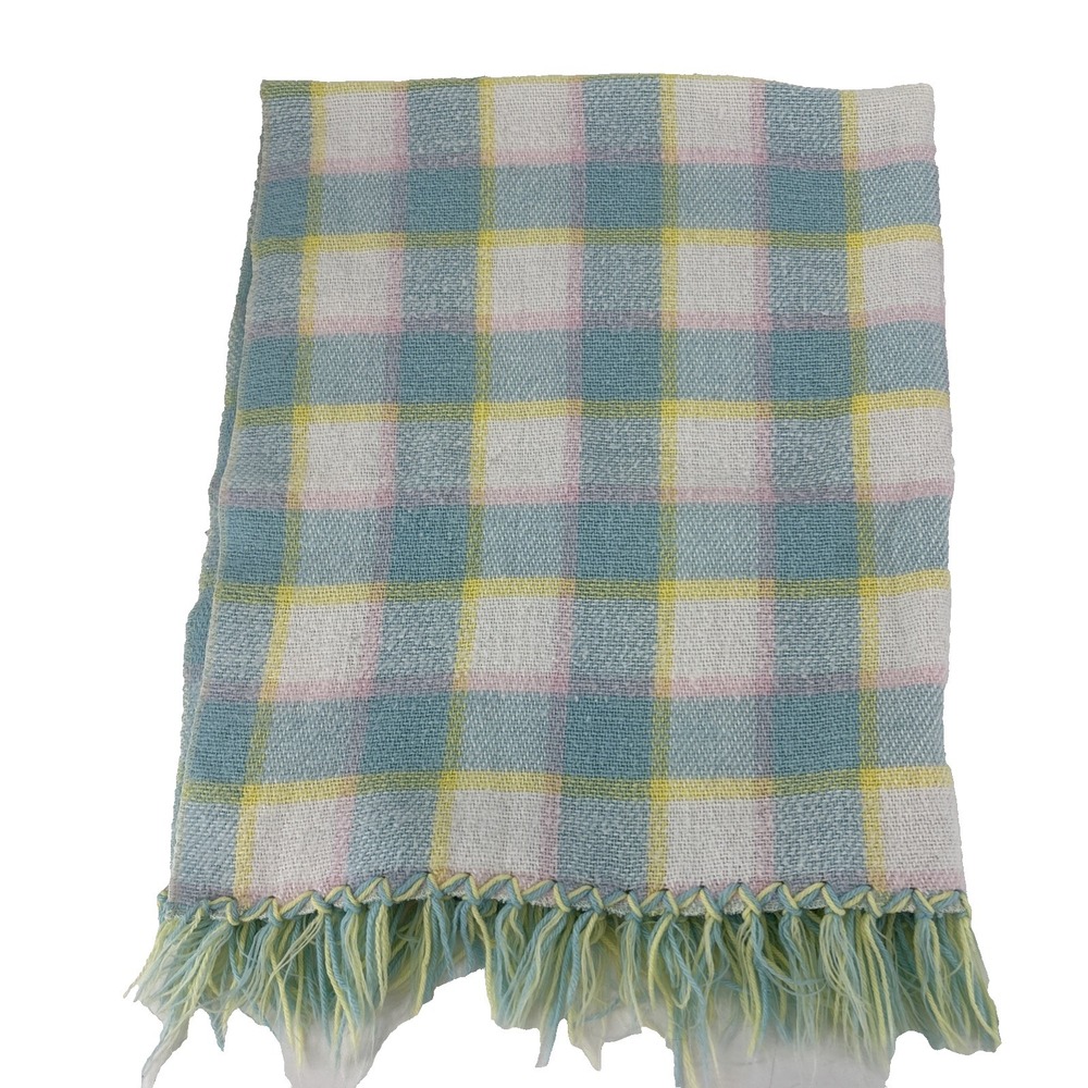 Vintage Baby Blanket Acrylic Pastel Plaid Thick Fringe 41"x34" Blue Pink Yellow